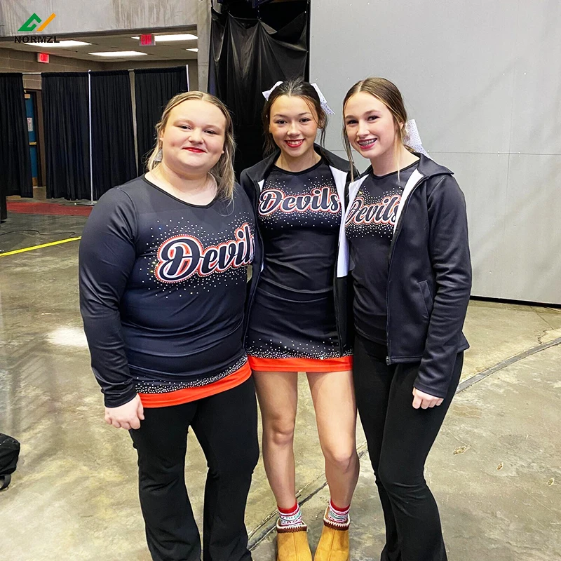 Custom Sexy Multicolor Rhinestone Cheer Uniforms Tops And Skirt Sublimated Printing Cheerleader Uniforms For Women