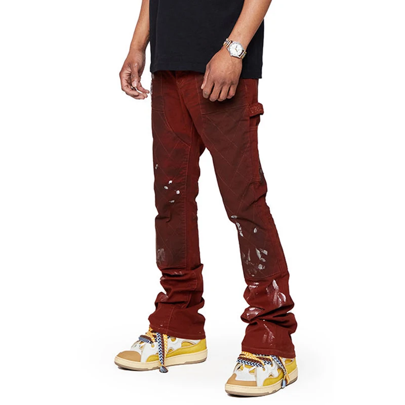 wholesale patch jeans paint splatter mens skinny jeans brown stacked jeans men flare