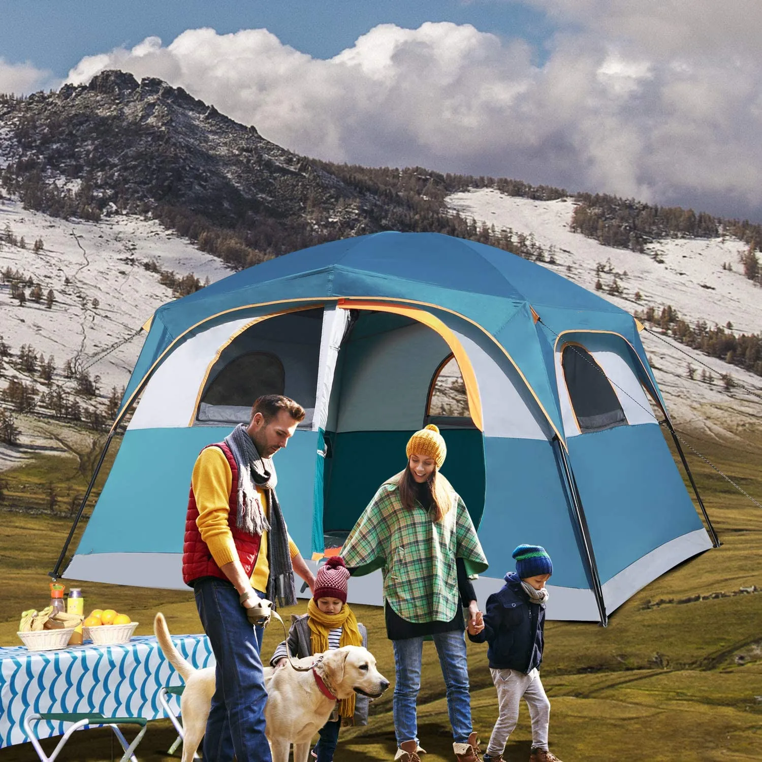 1 Door 5 Window Double Layer Outdoor Waterproof Tents Windproof Camping Tent 6 Person