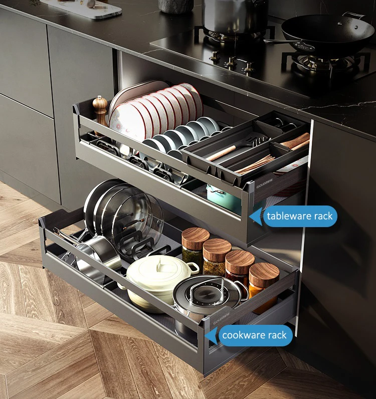 Новое поступление, комбинированная кухонная фурнитура с 2 выдвижными ящиками, выдвижная полка для органайзера кастрюль