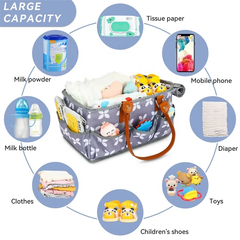 Custom Printing Portable Tote Diaper Organizer Manufacturer Designer Diaper Bags For Babies With PU Leather Handle