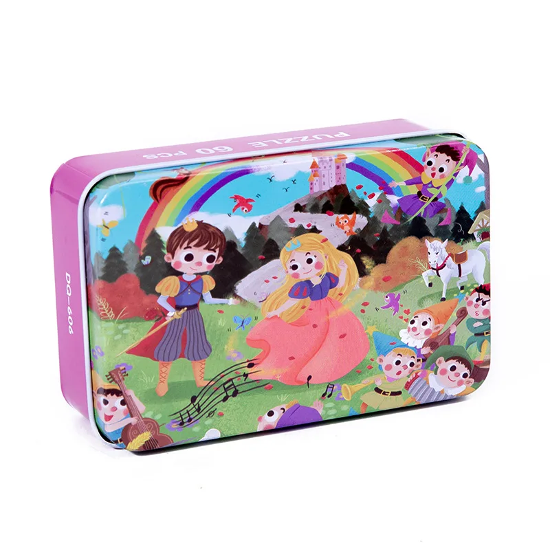 Educational Toy 60 Pieces Set Popular Children Play Wooden Cartoon Puzzles Iron Box Jigsaw Puzzles