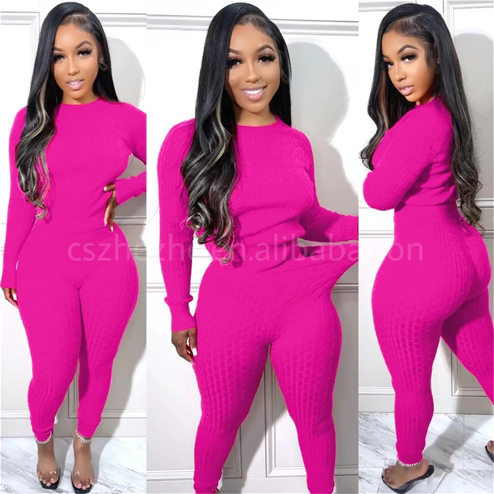 ZHEZHE Autumn winter warm casual sweater elegant suit long sleeve knitted tops and high waist stretchy jogger 2 piece set women