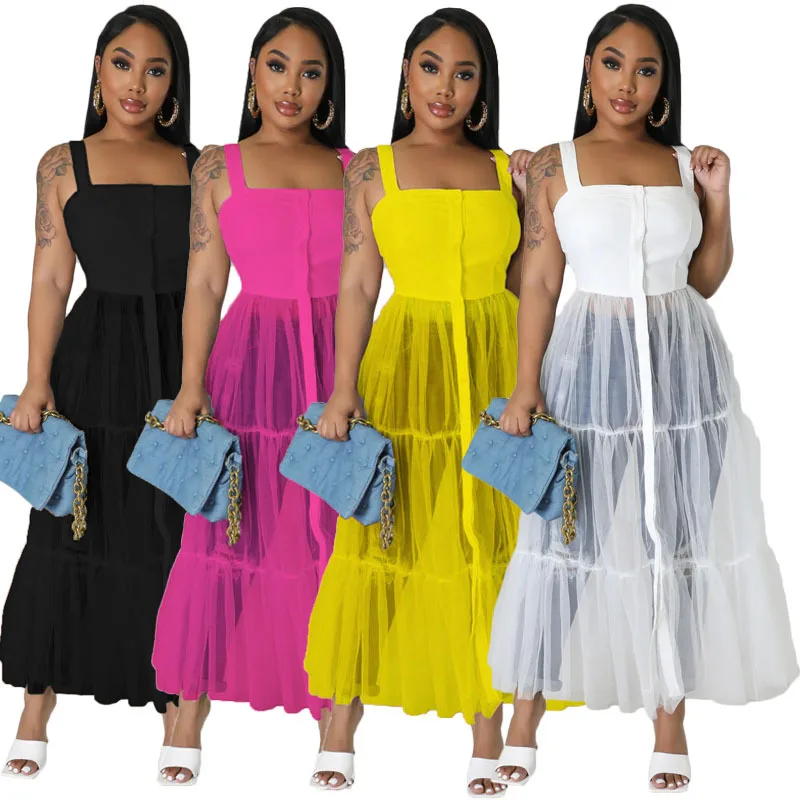 New arrivals mesh patchwork sleeveless tank top dress sexy see through camisole dress for ladies club wear