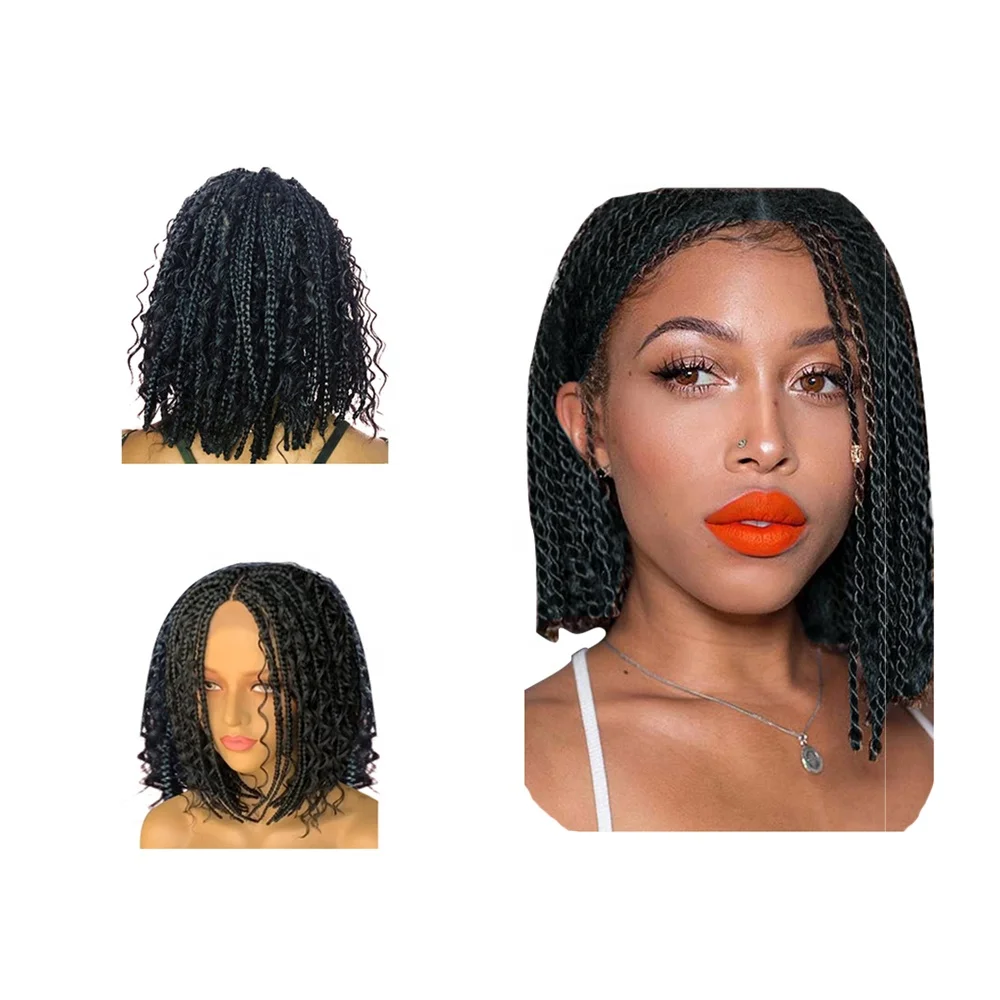 Wholesale Bob Braided Wig Crochet Goddess Curly Heat Resistant Fiber Synthetic Short Box Braids Wigs for Black Women
