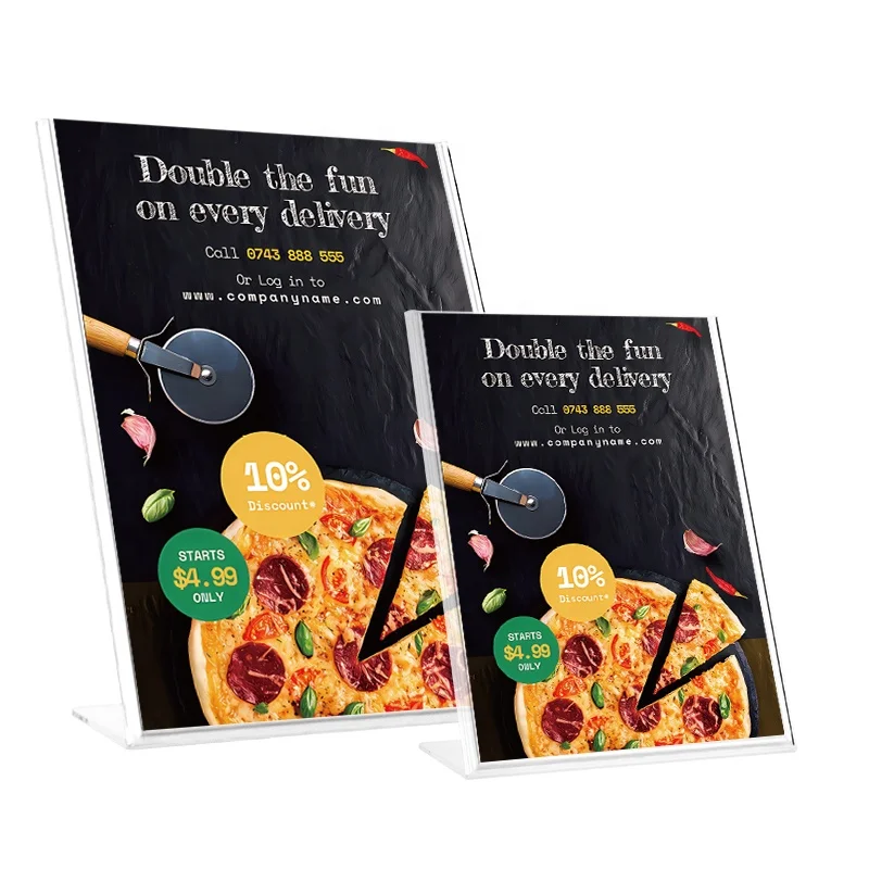 Acrylic L shape Vertical A5 A4 Display Stand Plastic Sign Holder Vertical Menu Stand for Coffee shops, fast food restaurants
