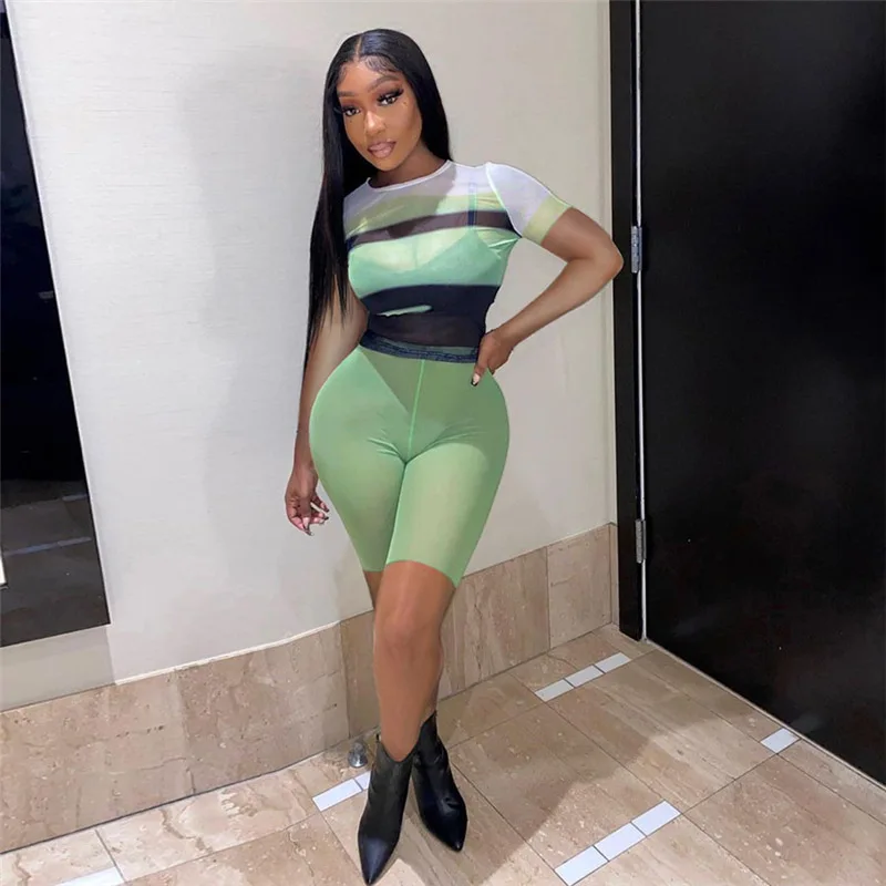 MD-2022061310    casual fashion short sleeve mesh printed top and shorts woman two piece set clothing