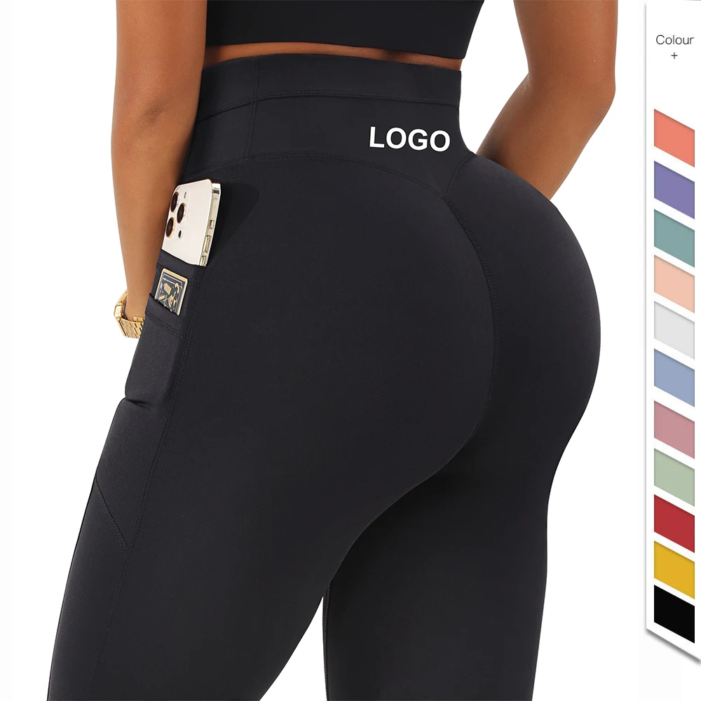 Custom Design Yoga Pant Workout Tights Plus Size Running Gym Wear  V Line Waist Women Black Yoga Leggings with Phone Pockets