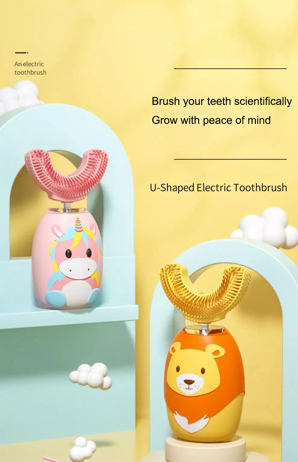 U-образная ультразвуковая детская зубная щетка с мультяшным рисунком, силиконовая щетка, набор электрических зубных щеток