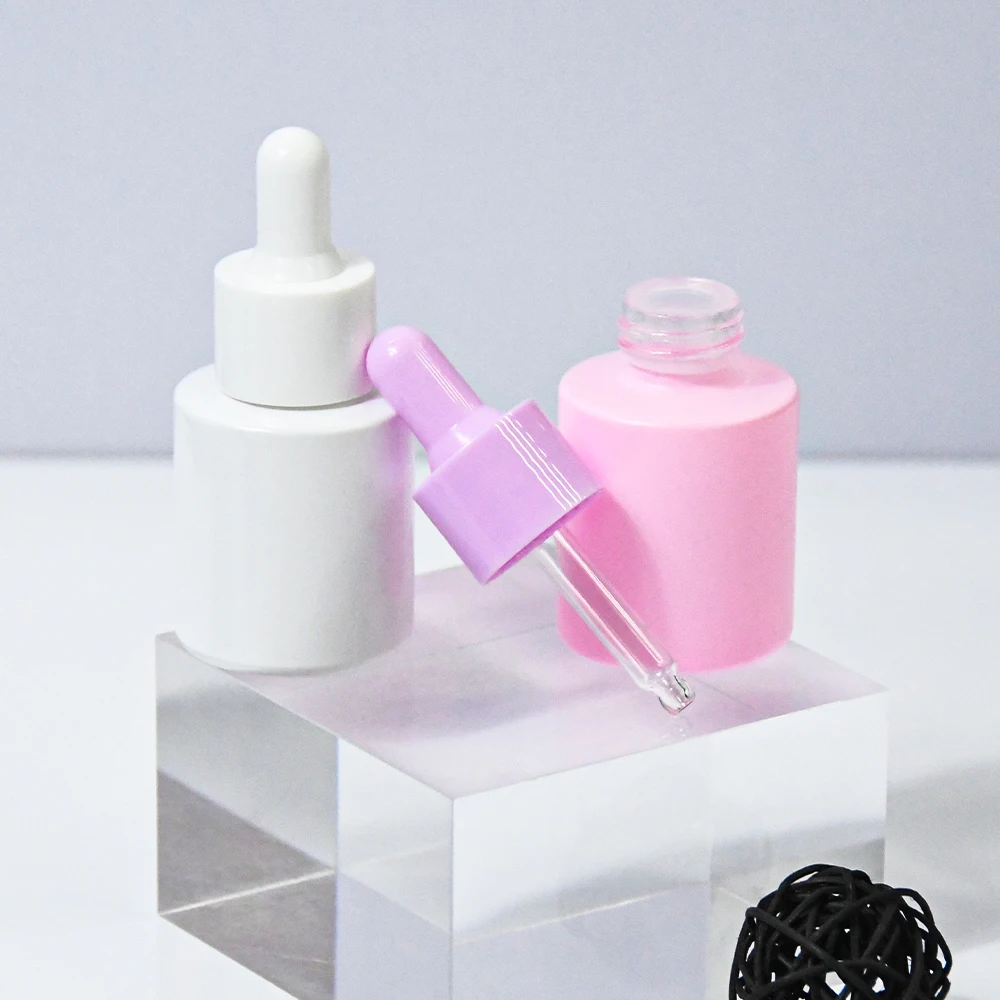 High Quality 20ml Pink White Black Green Purple Yellow Frosted Empty Round Glass Cosmetic Dropper Bottle for Essential Oil