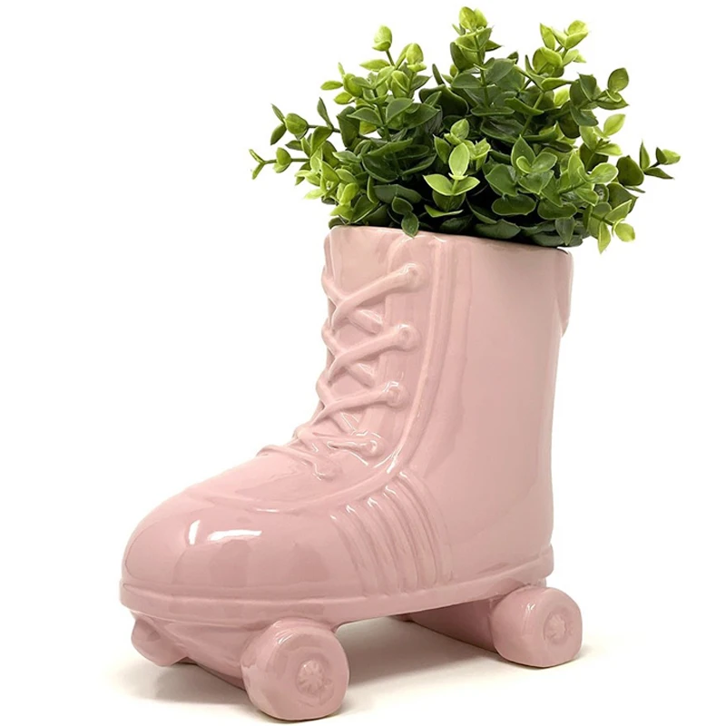 Custom ceramic garden decorative vase sneaker shoe shaped flower plant pot porcelain pink white bronze roller skate planter