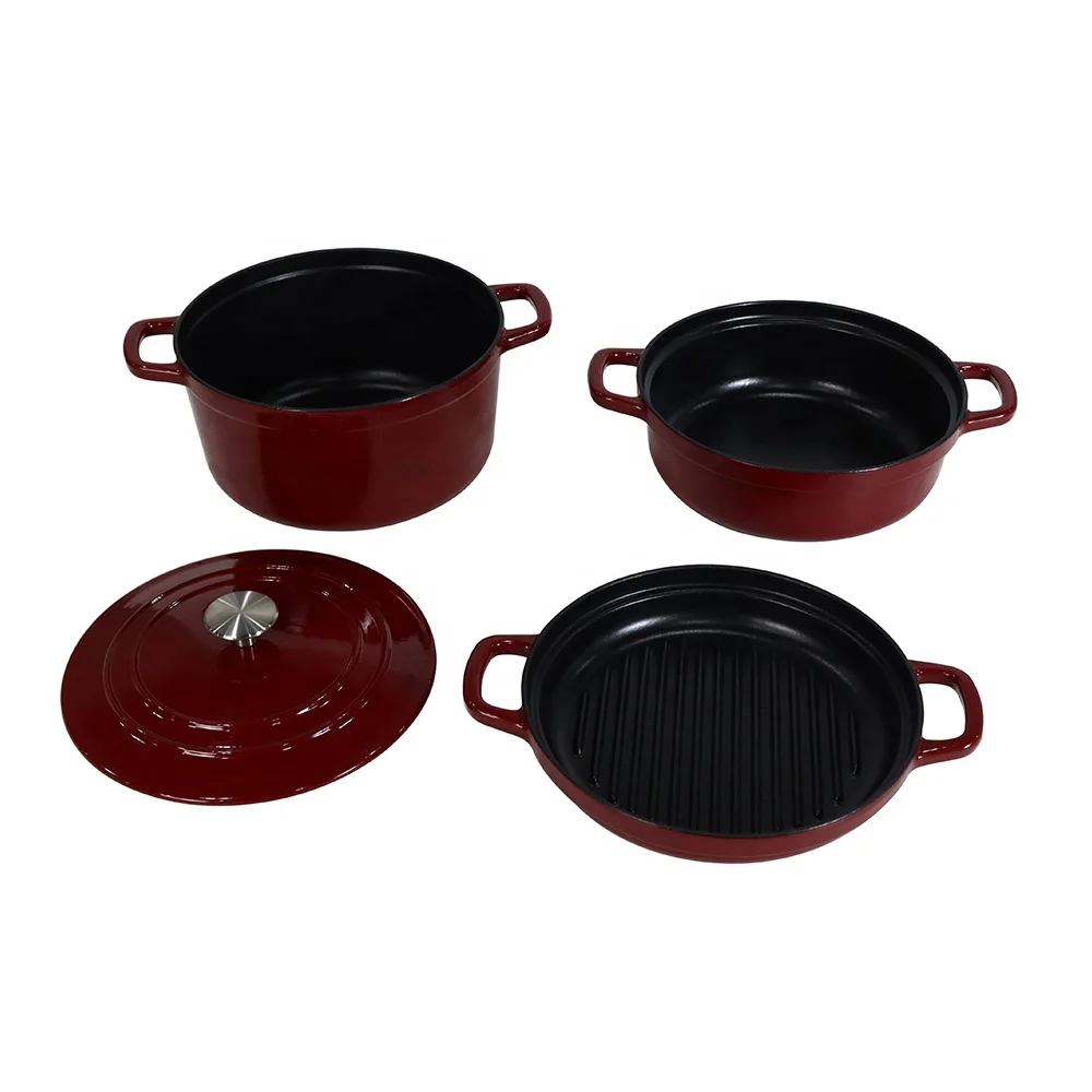 4-in-1 Cast Iron Stackable Cookware Set Enameled Dutch Oven Set