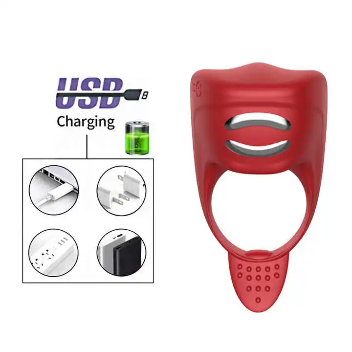 Red Silicone Lip Vibrator Electric Shock Sex Cock Ring Men Penis Masturbation Massager Sex Toys For Men