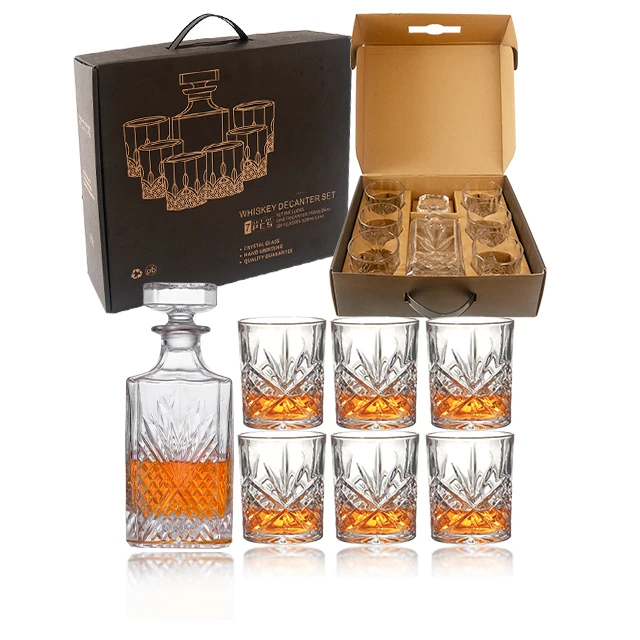 750ml 26oz Square Whiskey Bottle In Stock Customized Logo Glass Whisky Bottle Whiskey Decanter Set with 4 Glass Cups for Present