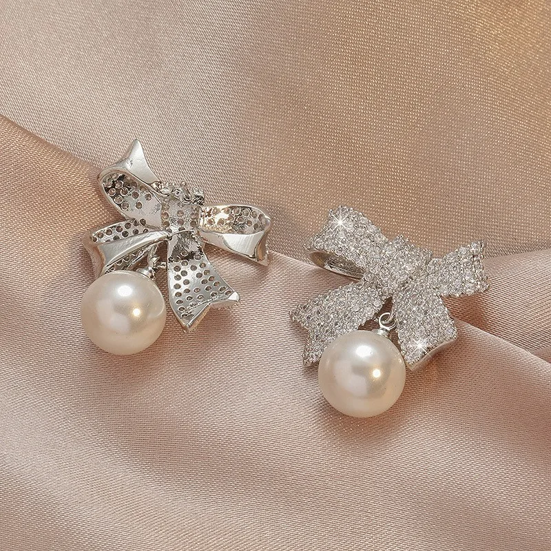 Bow Pearl Zirconia Earrings Drop Earring Opp Bag Gold Single Pearl High Quality Brass Plated Sweet and Simple New CLASSIC Zircon