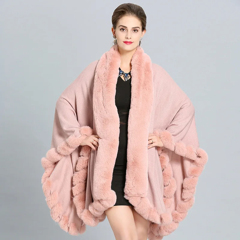 New Winter Large Size Ladies Fur Collar Shawl Cloak Poncho Female Warm Women Coat Long Cape