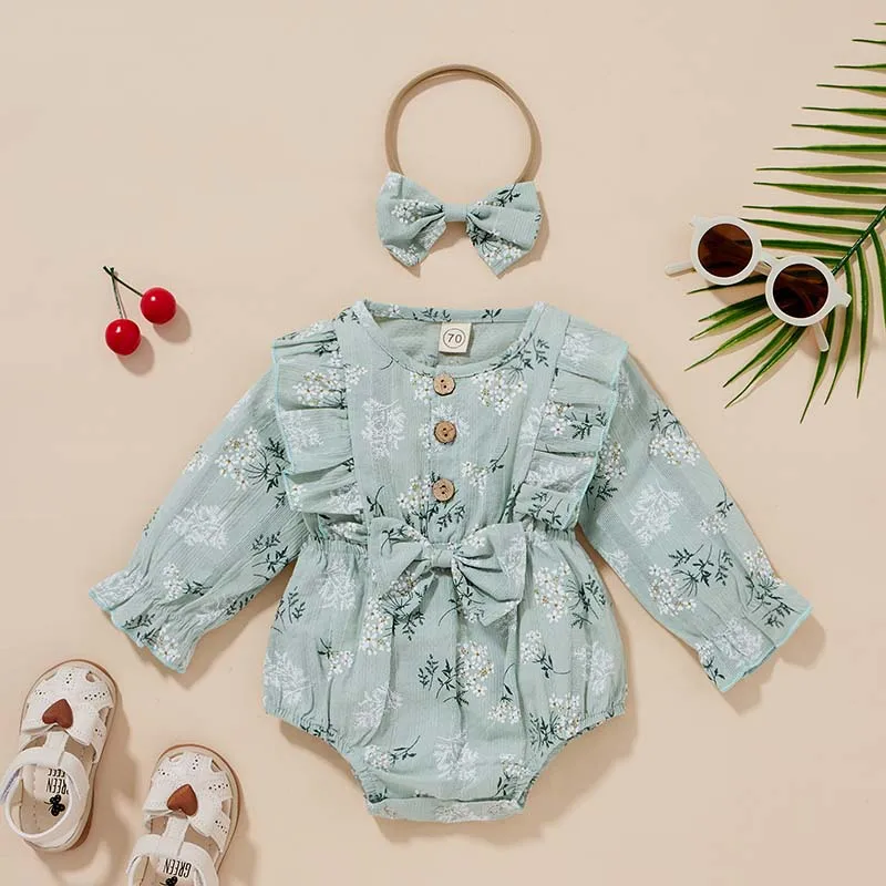 New 100% Cotton ruffle rompers Clothes Lotus Leaf Spring Clothing Girl Baby Romper Hair Band Set