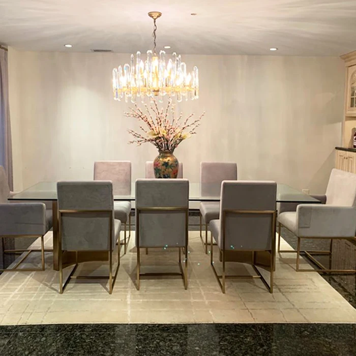 New design luxury furniture brass base dining table steel tempered glass dining tables with chairs sets