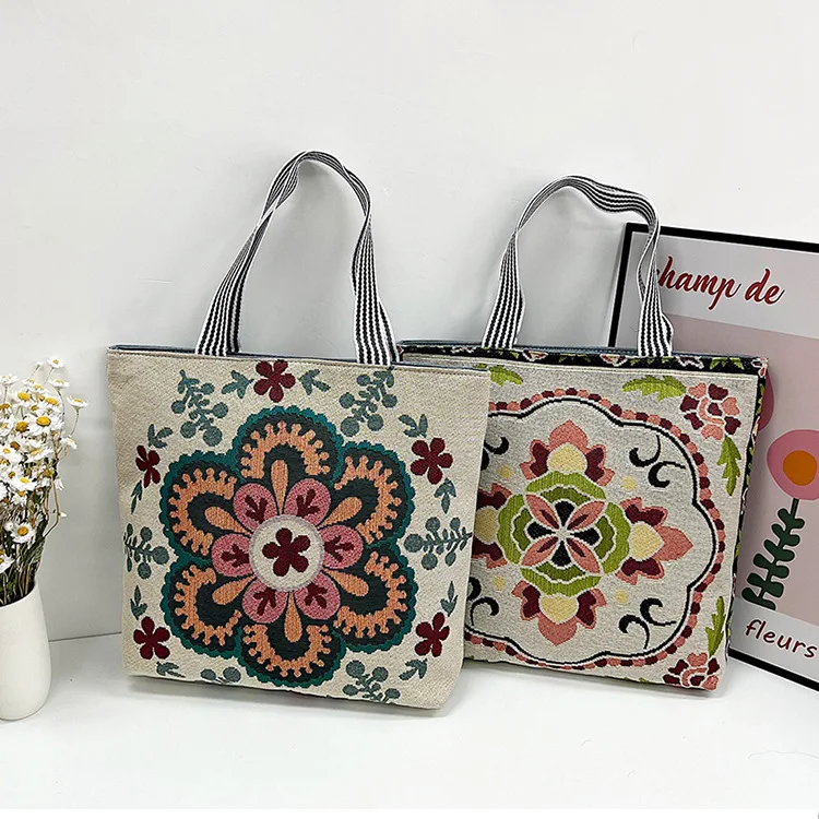 Embroidery retro large capacity large flower pattern canvas shopping tote bags manufacturer