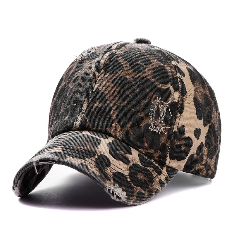 Messy High Bun Ponytail Hat Distressed Leopard Color Vintage Ponytail Baseball Cap