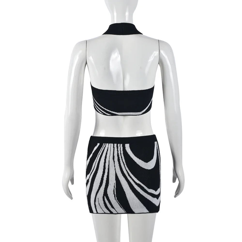 Hater sexy backless contrast color mini skirt sexy 2 pieces set knit skirt set
