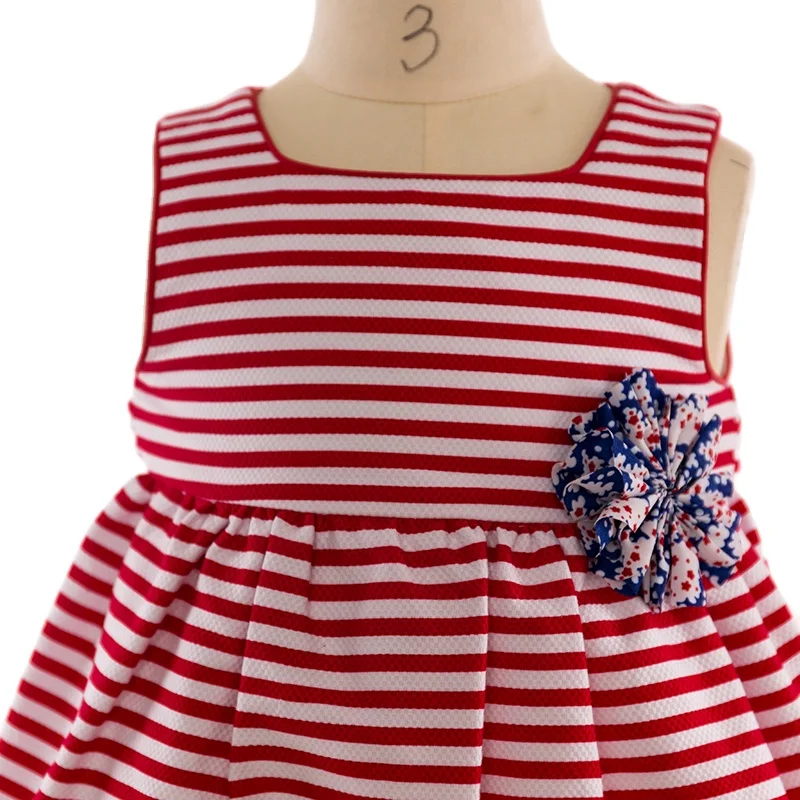 Finalz Wholesale Summer kids woven red and white stripe polyester flowers Sleeveless girls dress