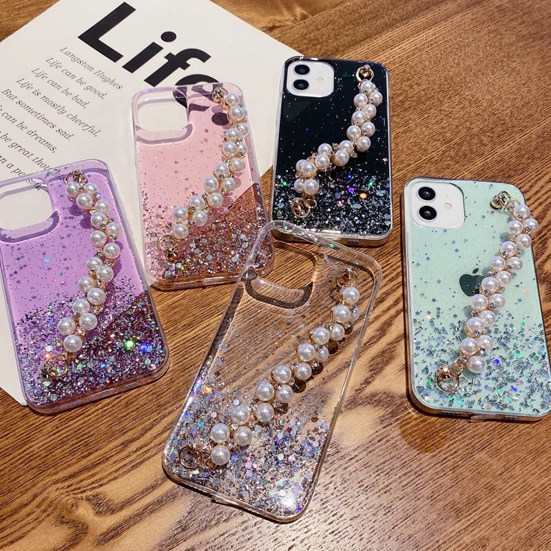 Soft Pearl Bracelet Phone Case For iPhone 11 12 13 14 Pro Max XS X XR 7 8 6 6s Plus mini SE 2020 Glitter Shockproof Cases Cover