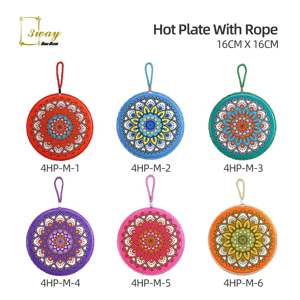 Mandala printing OEM custom round shape ceramic tile pot trivet mats with cork base heat resistant for kitchen table decoration