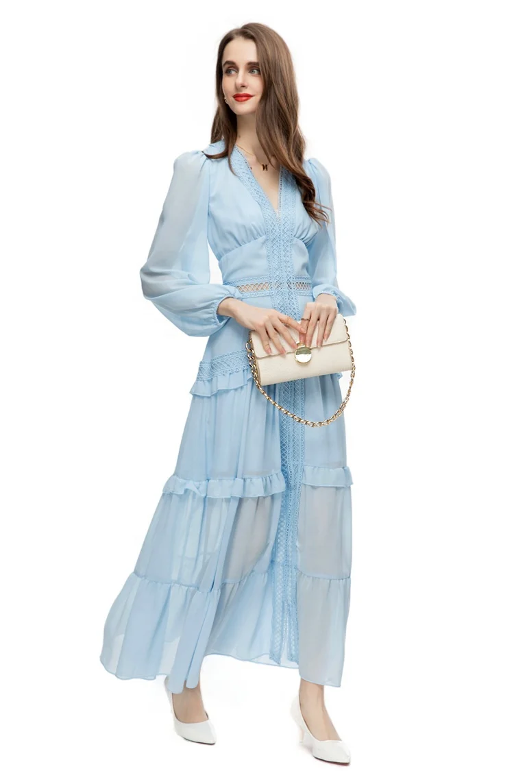 Elegant V Neck Long Maxi Ruffled Lace Tiered Dress For Women Clothing Manufacturer