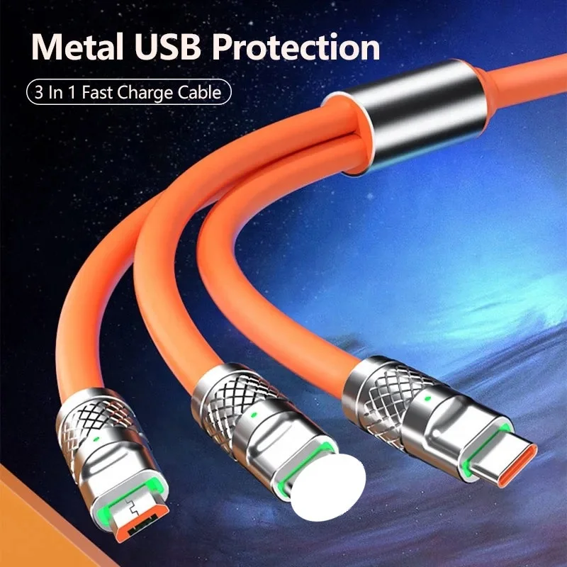 120W 6A 3 in 1 Fast Charging Type C Cable Micro USB for iPhone Charging Cable For Samsung Huawei Xiaomi Phone Charger USB Cable