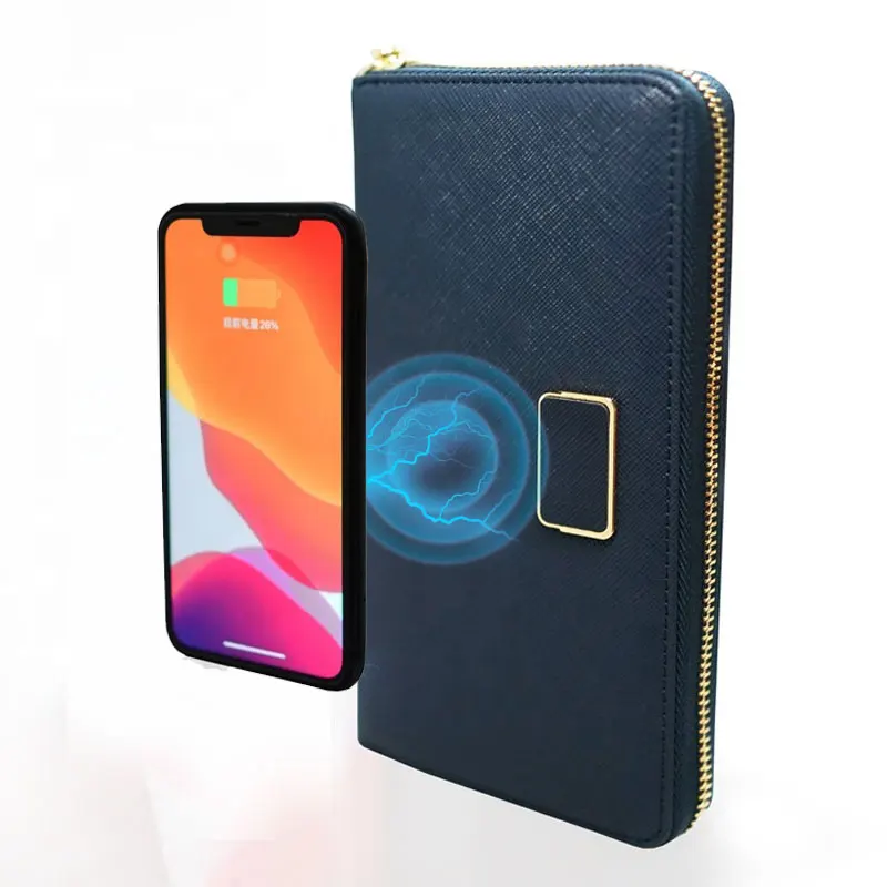 PU Leather Zipper Wallet with Wireless Power Bank Charger Close Zip Powerbank Wallets