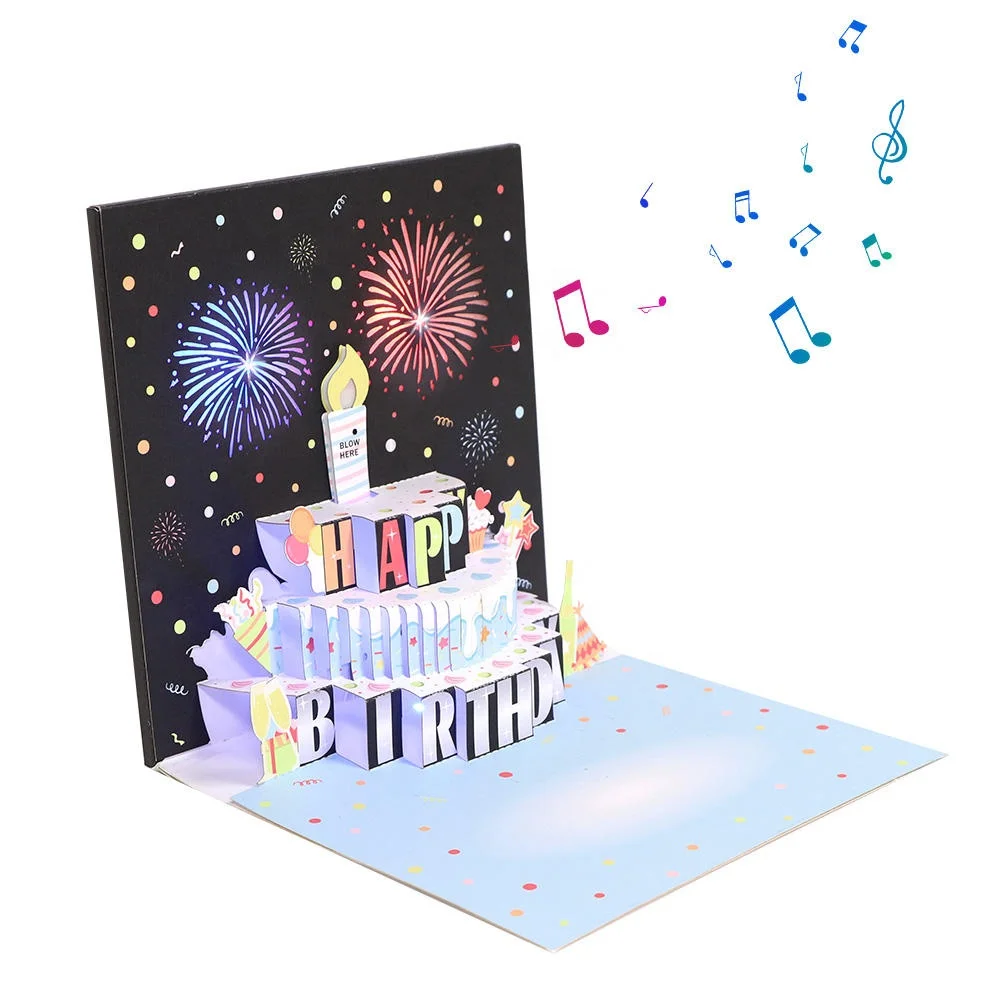 Design 3D Musical Birthday Card  Laser Cutting  Firework Birthday Blowable Pop Up Card