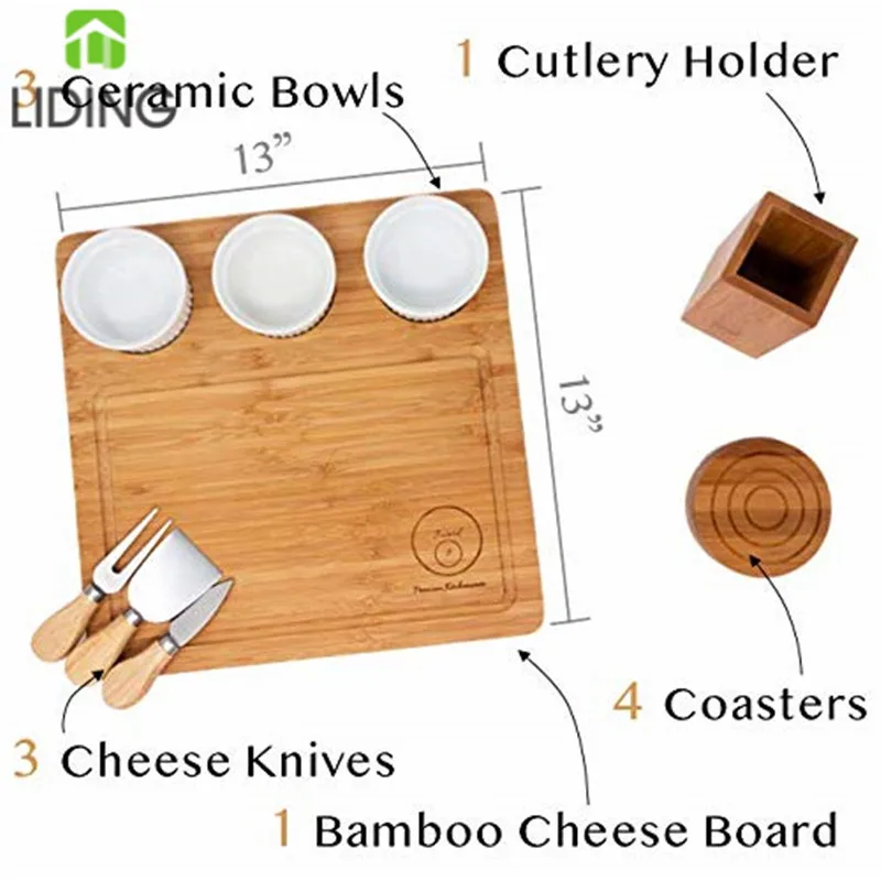 Bamboo Cheese Board Set with Wine Coasters, Ceramic Bowls, Cheese Knives and Knife Holder