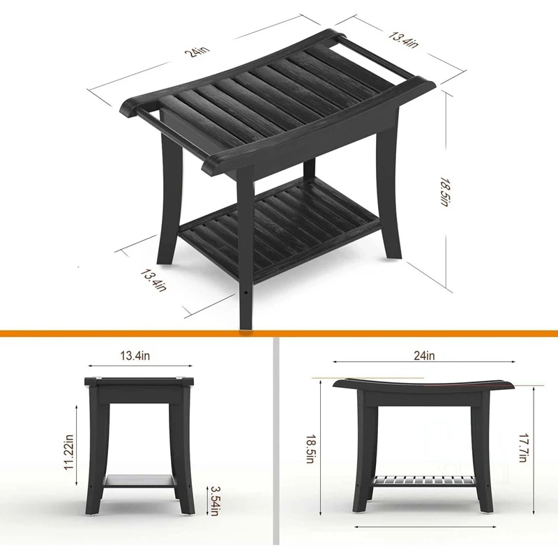 Bamboo Shower Bench & Stool Waterproof Wood Shower Bench with Storage Shelf for Inside Shower(Black)