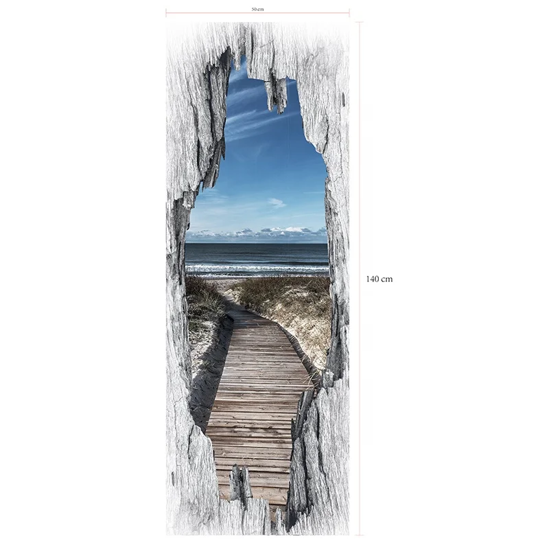 Hot selling 3D Nordic Beach wallpaper self adhesive Door Sticker Peel and Stick Vinyl Door Decals for Home Decor