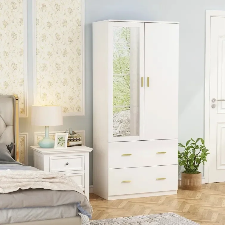 Luxury Bedroom Furniture Wooden Black Two Door Wardrobe with Mirror  Modern Wardrobe Armoire Clothes Organizer