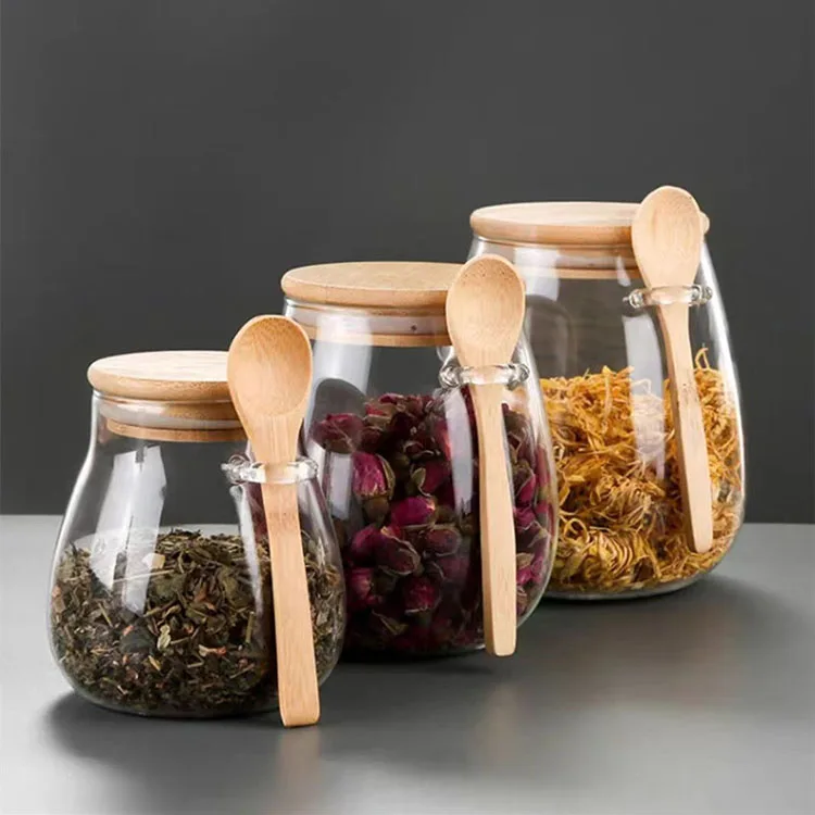OEM & ODM 350ml 600ml 1000ml glass storage jar with Bamboo Wooden Lid And Spoon