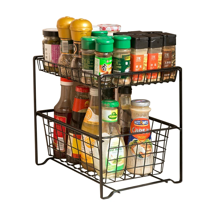 Multi-Function home wire shelf Kitchen Accessories 2 Layers Drawer Spices Bottle Jar Storage Rack Push Pull Sink Rack