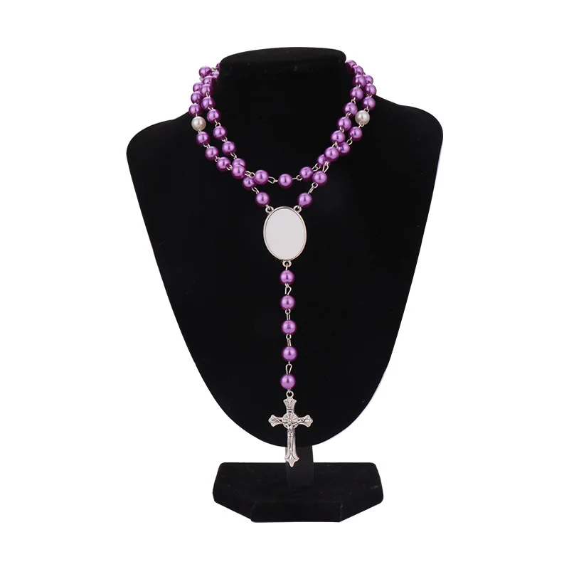 white sublimation blank pearl rosary necklace with aluminum sheet for sublimation Jewelry Cross Pendant With clear box packing