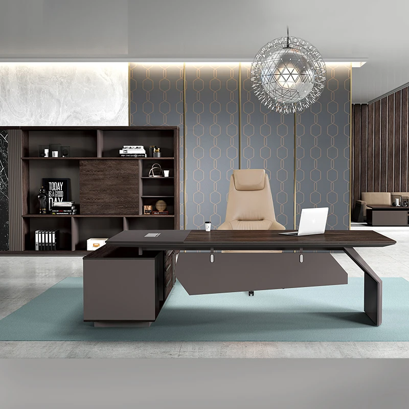 Pengpai custom modern l shaped walnut gray wood boss office executive desk set