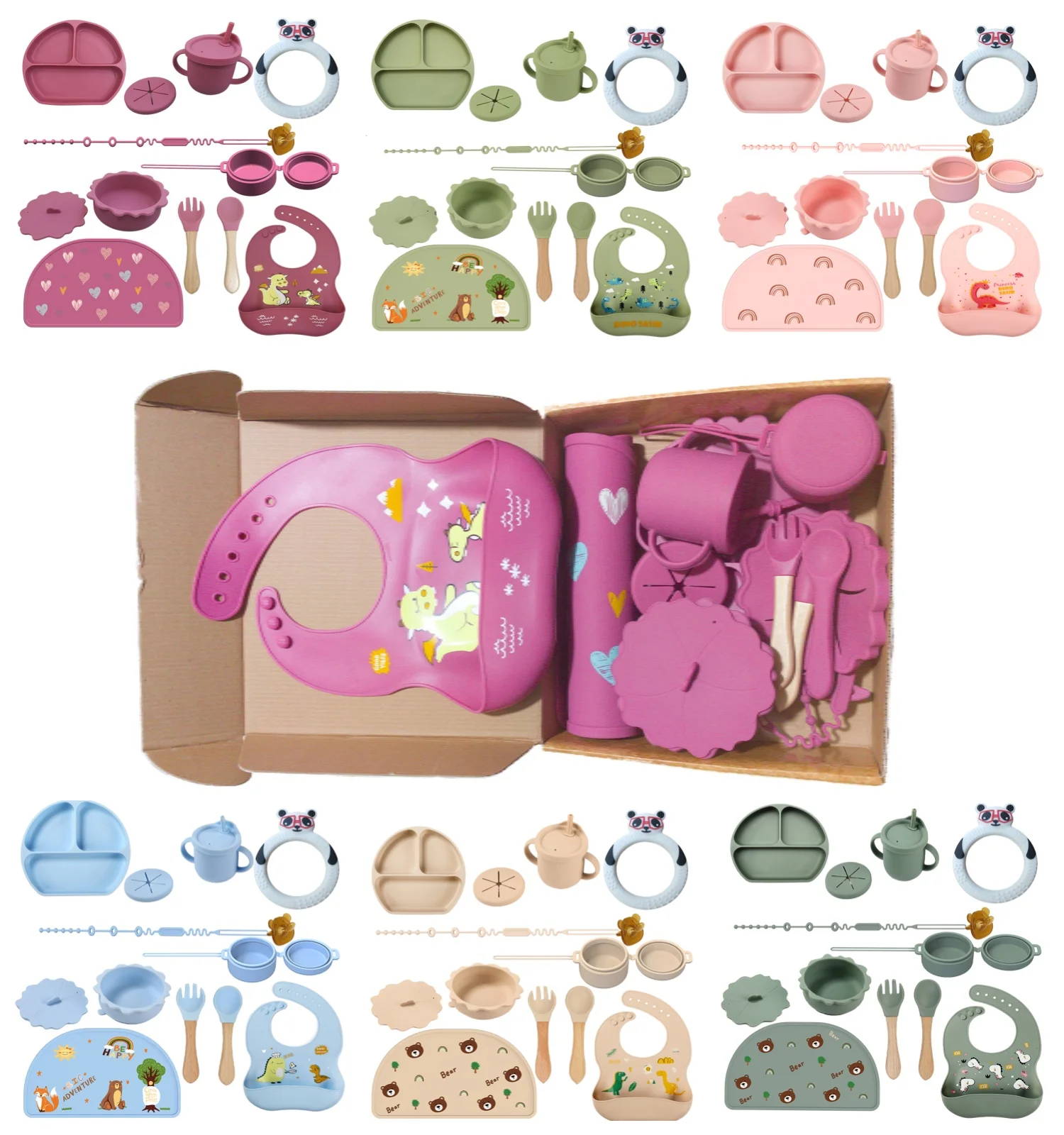 New wholesale customizable popular food grade silicone plate bib fork spoon baby feeding tableware set