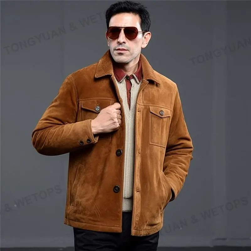 High Quality Suede Jacket For Men Classic Four-Button Lapel Plus Size Winter Men Solid Suede Jacket