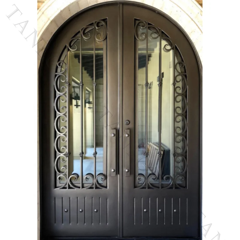 High Quality Glass House Apartment Entrance Iron Double Door Curved Arched  Entry Doors
