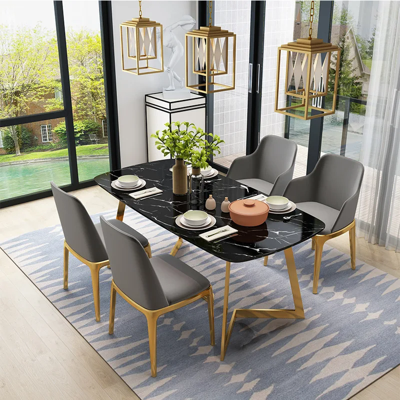 
European modern luxury Dining room furniture set black golden desk 6 seaters stainless steel marble dining table and chair 