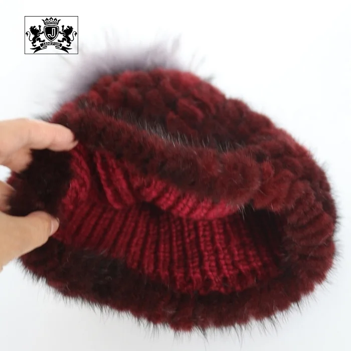 Зимняя Женская Роскошная вязаная шапка Janefur из черного меха норки с меховым помпоном теплая Модная натурального серебристого