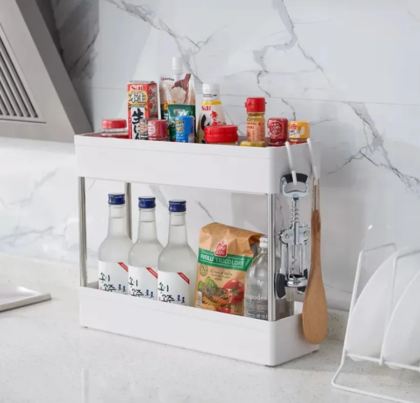 Plastic Removable Bathroom Kitchen Storage Rack with Hook multi-Tier Plastic Storage Shelf Rack with moving wheels