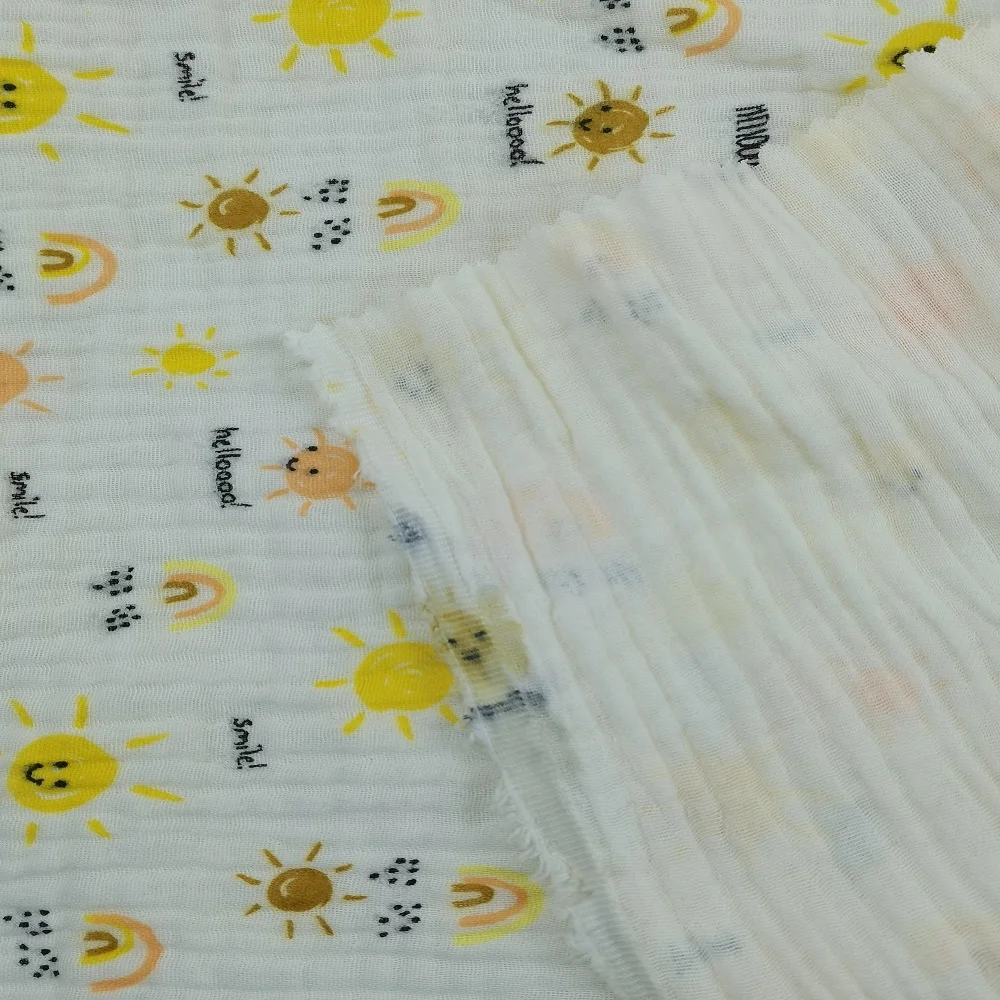 Popular Baby Mosquito Pants Washed Cotton Fabric Pleated Seersucker Sleepwear 3-layer Cotton Crepe Gauze  Print Fabric