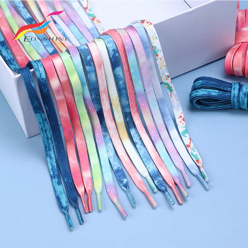 120cm Double Layer Heat Transfer Printed Pink White Blue Tie Dye Vintage Fades Shoelaces Custom
