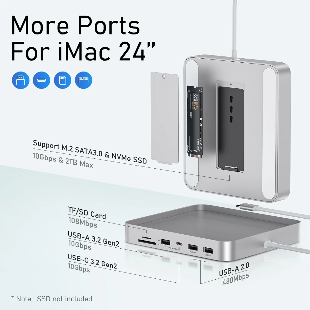 PULWTOP USB-C Hub Adapter Type-C docking station usb hub 3.0 splitter 7 port usb data hub for ssd computer accessories