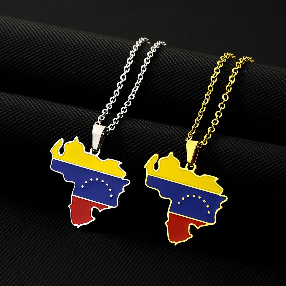 Stainless Steel Enameled Venezuela Map Chain Necklace 18K Gold Plated Enamel Venezuela National Flag Map Pendant Necklace